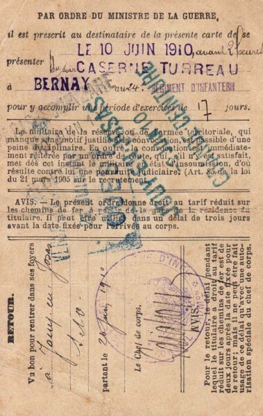 Bernay - Caserne Turreau -Ordre d'appel (10-06-1910)