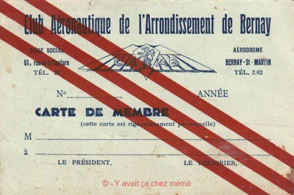 Bernay - Carte de membre du Club Aéronautique de l'Arrondissement de Bernay