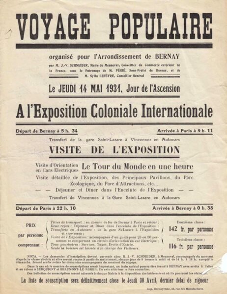 Bernay - Programme d'un voyage populaire du 14 mai 1931 à l'exposition coloniale internationale de Paris