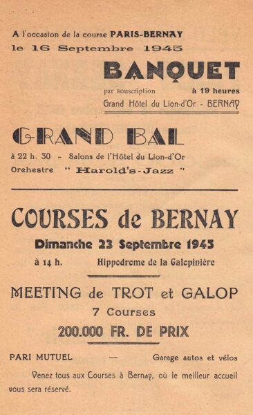 Bernay - Programme du Paris-Bernay cycliste du 16 septembre 1945 (verso)