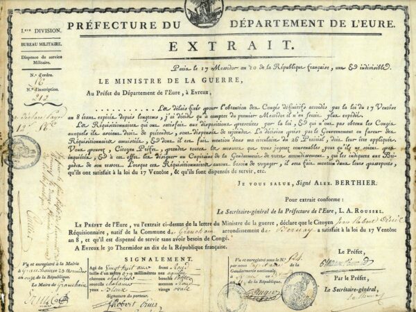 Granchain - Dispense militaire de Jean Robert TRUIN signée le 11 août 1803 en Mairie de Granchain